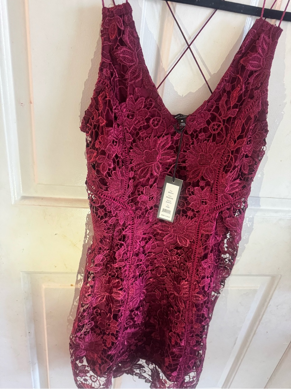 Romeo & Juliet Couture Wine Burgundy Floral Lace Mini Dress with Strappy Back